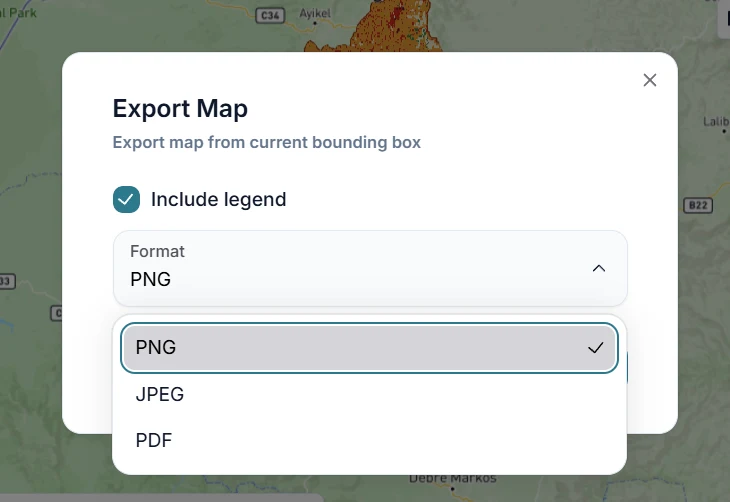 GriidAi Export Map dialog with Include legend enabled and the format menu listing PNG, JPEG and PDF.