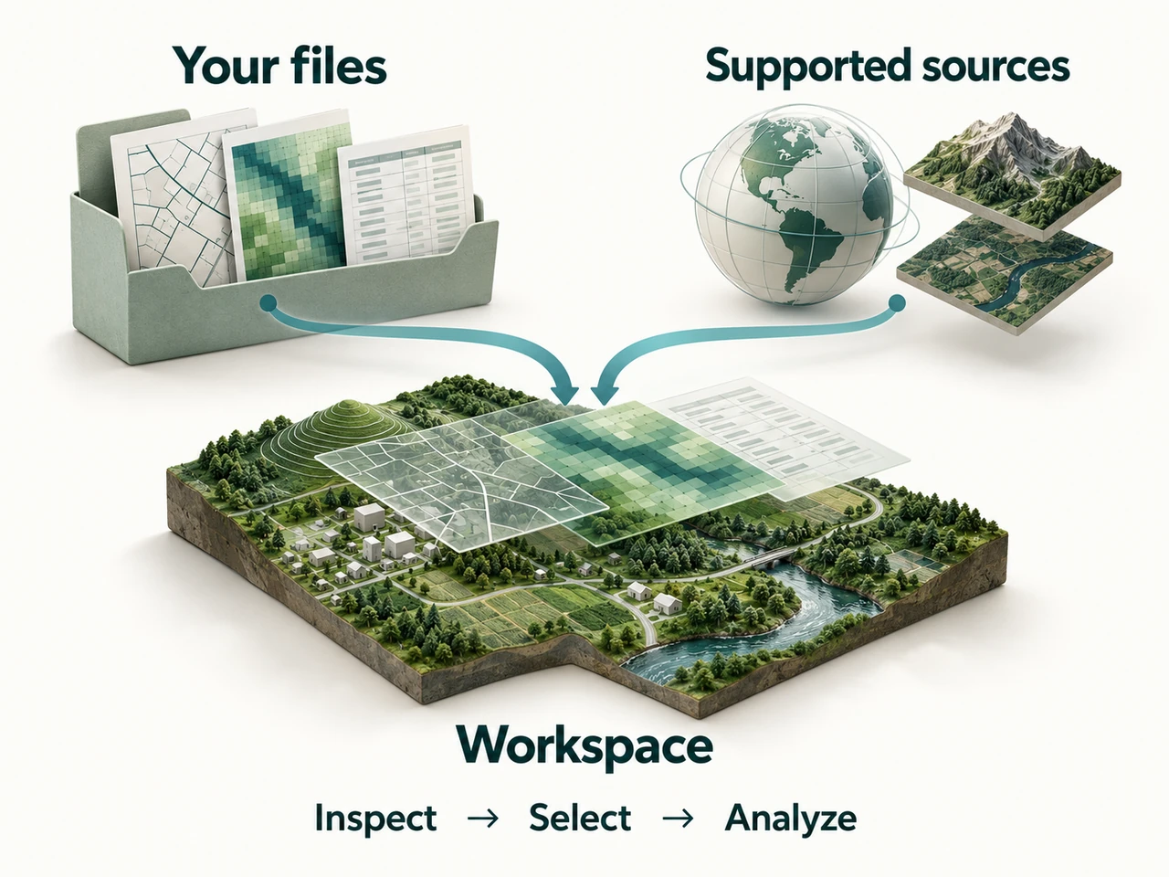 AI concept illustration labeled Your files and Supported sources, with arrows connecting a folder and globe to one layered terrain Workspace. The final labels read Inspect, Select, Analyze.
