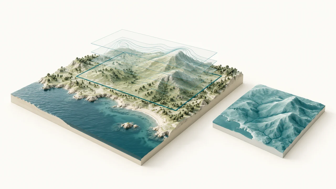 Conceptual illustration of a coastal study area, selected boundary and aligned elevation layers beside a terrain result; not a Miami capture or measured analysis.