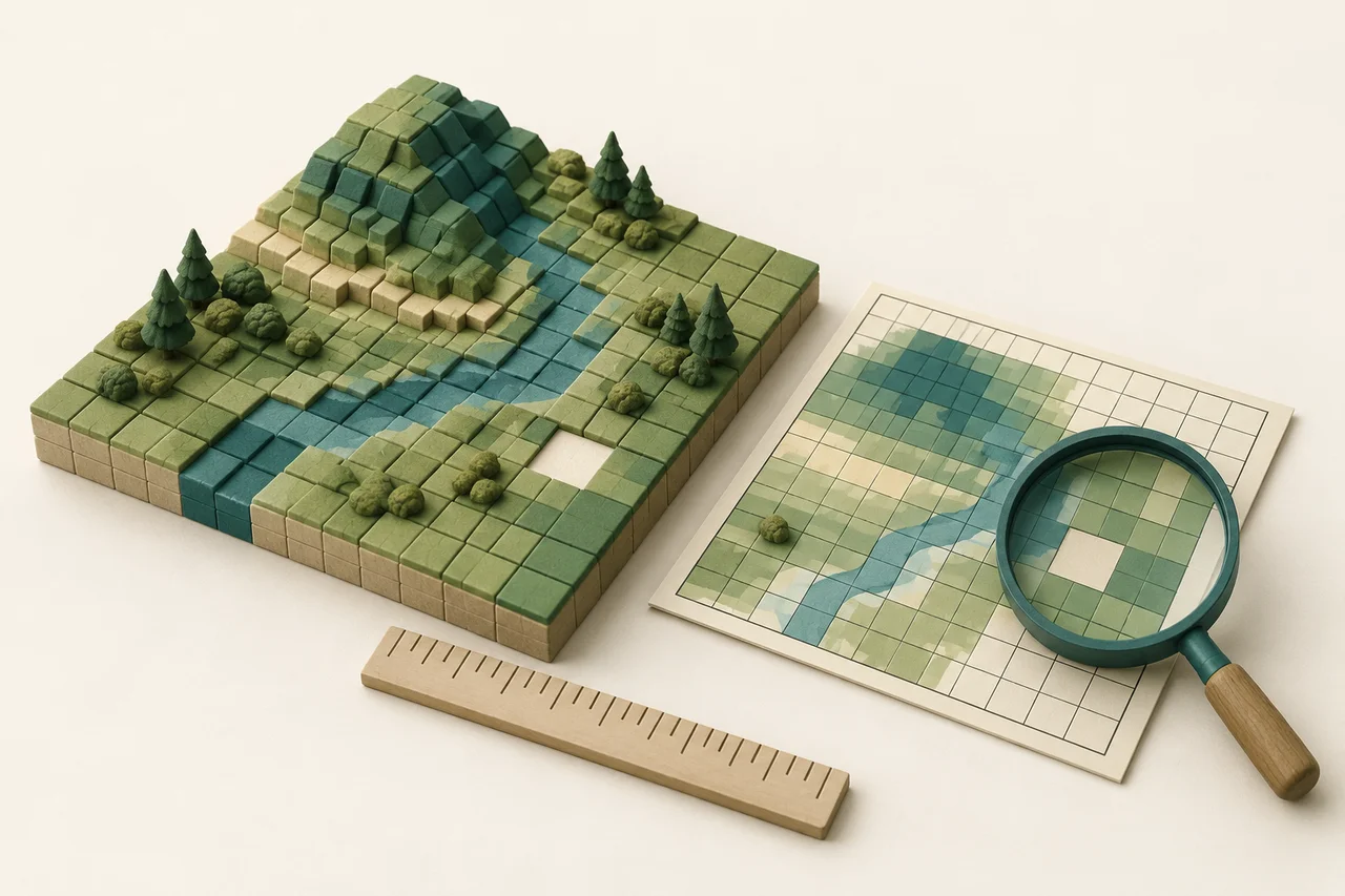 AI illustration of gridded terrain, a missing cell and a coordinate grid inspected with a magnifying glass.