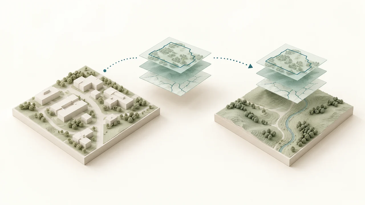 Conceptual illustration of selected spatial data layers reused as a separate copy in another study context; not live synchronization or a product screenshot.