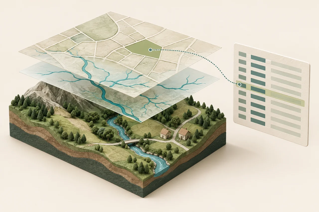 AI illustration of terrain, stream and parcel layers linked to an abstract attribute table.