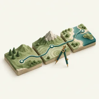 Connected terrain tiles and a drafting compass representing a planned analytical method.