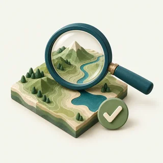 Magnifying glass over a terrain map representing expert validation.