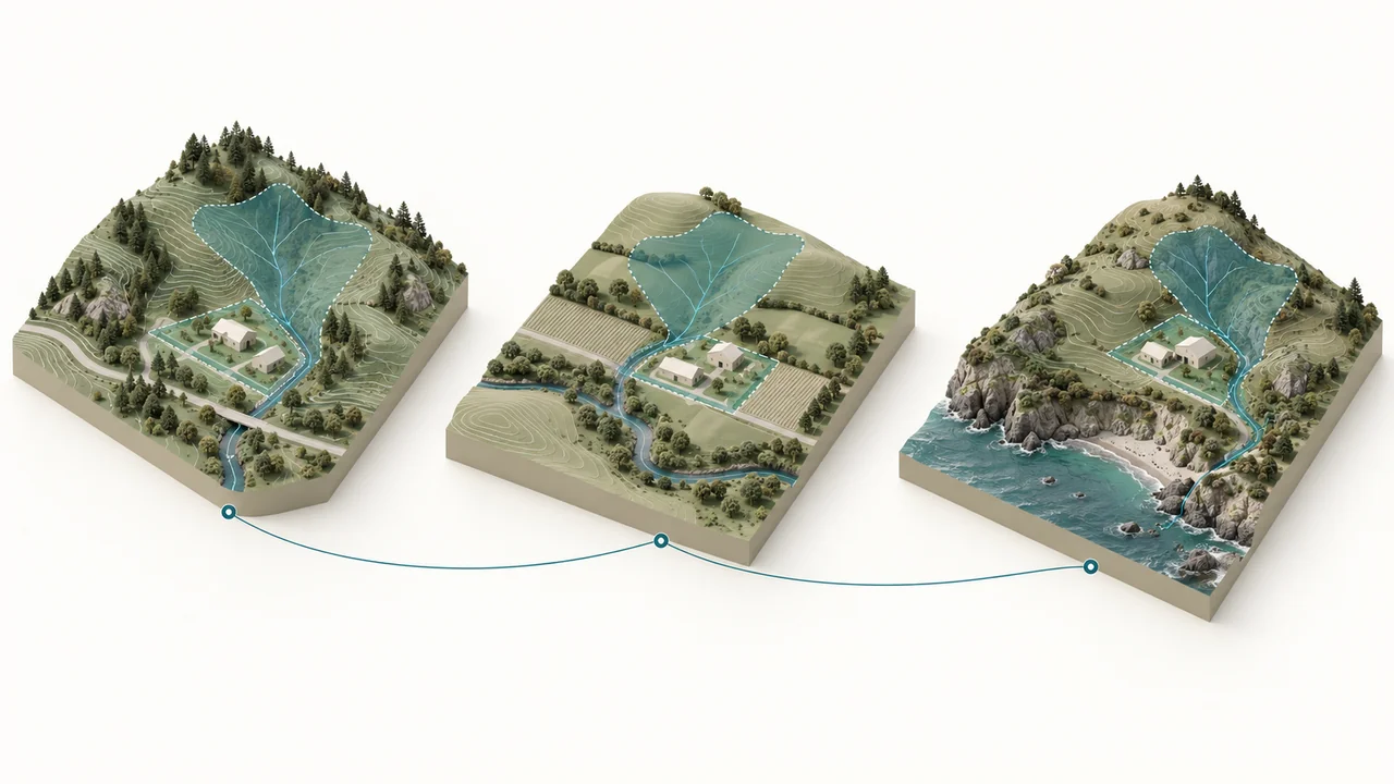 Conceptual illustration of the same reviewed spatial method applied to different terrain study areas; not a workflow-builder interface or an executed analysis.
