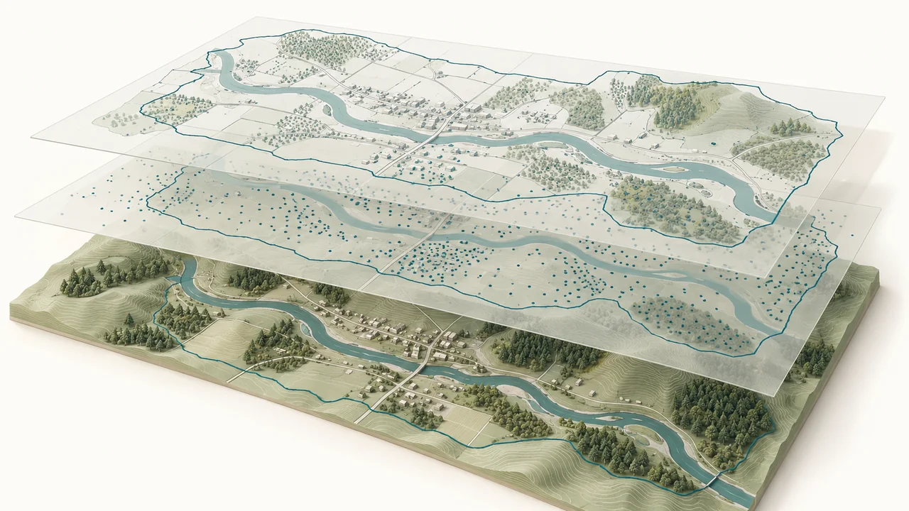 Conceptual aligned elevation, feature and data layers for one area of interest; not a software workspace screenshot.